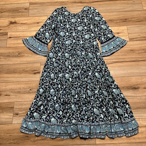 Soft Surroundings Lily Midi Dress SZ XL Lisbon Floral Blue Boho Bell Sleeve - Picture 9 of 11
